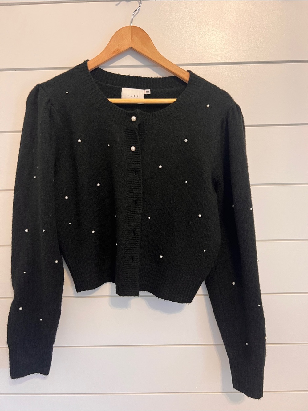Lush Black Pearl-Embellished Cropped Cardigan